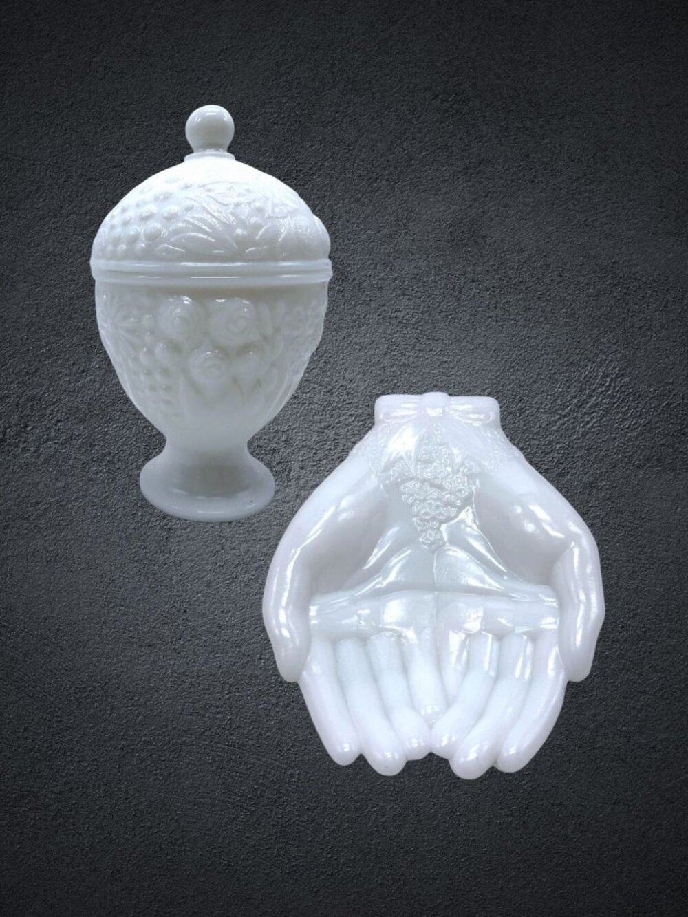 Vintage Milk Glass Hands and Trinket Dish With Floral Bow Design